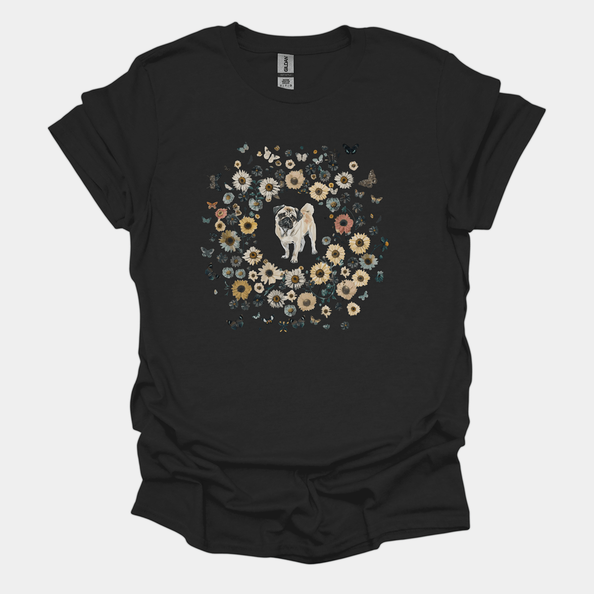 Floral Butterfly Pug Circle Funny Pug Graphic T-Shirt