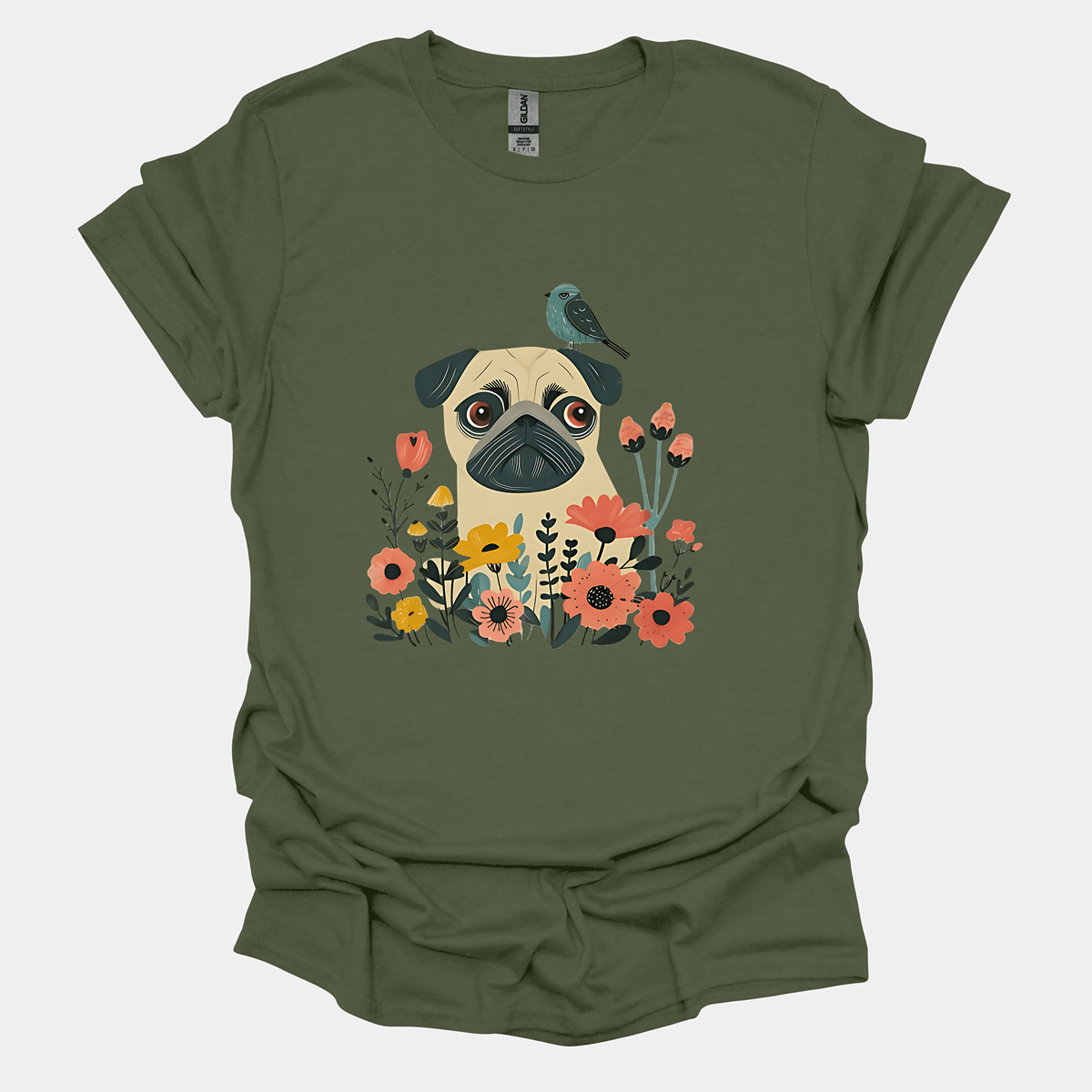Floral Companion Funny Pug Graphic T-Shirt