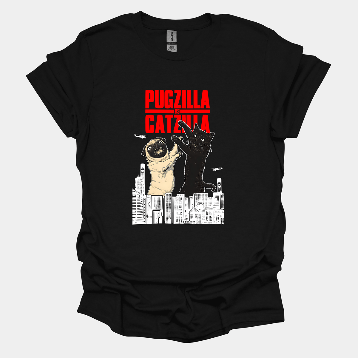 Pugzilla vs Catzilla Funny Pug Graphic T-Shirt