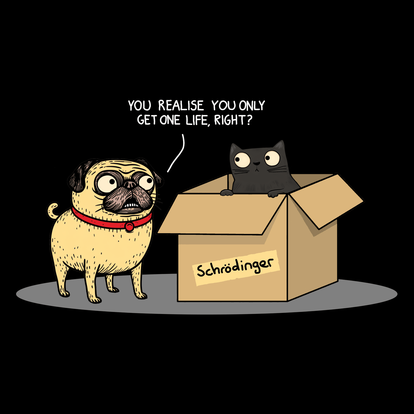 Schrödinger's Pug Funny Pug Graphic T-Shirt