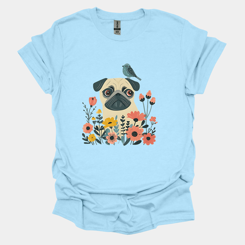 Floral Companion Funny Pug Graphic T-Shirt