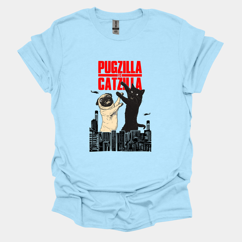 Pugzilla vs Catzilla Funny Pug Graphic T-Shirt