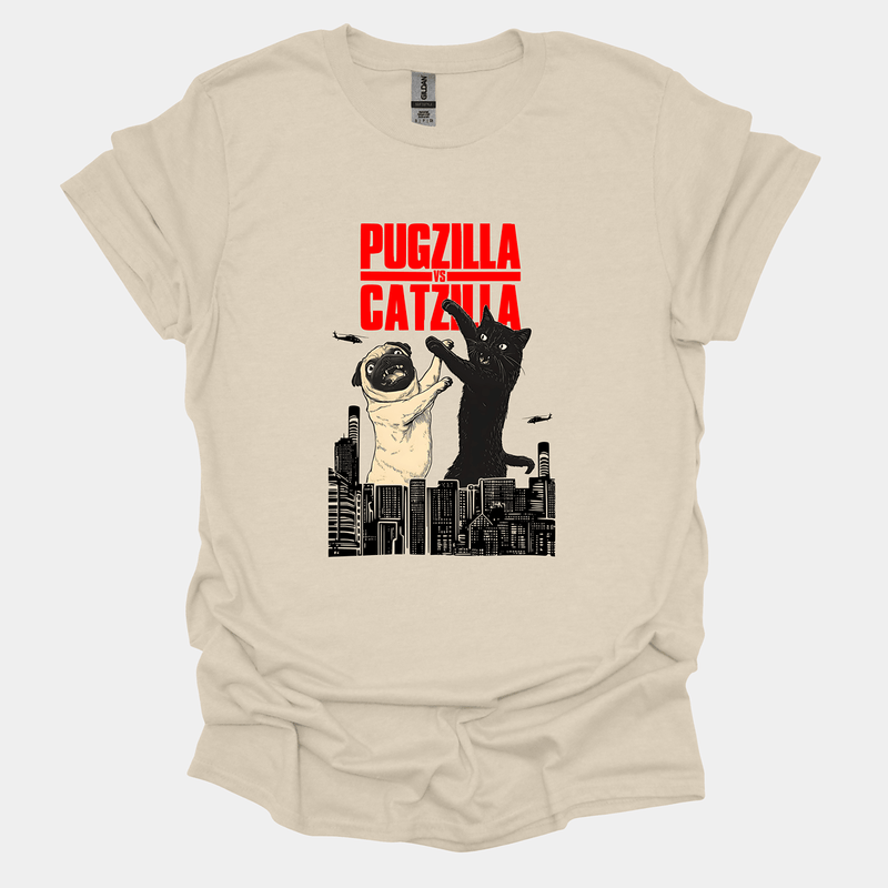Pugzilla vs Catzilla Funny Pug Graphic T-Shirt