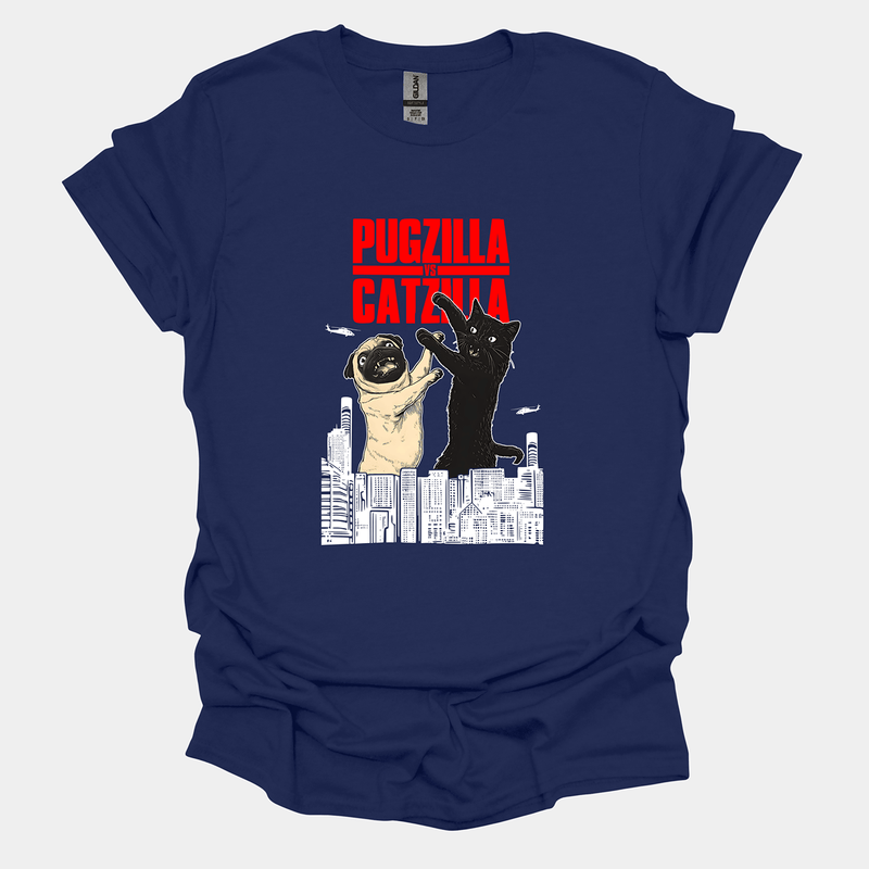 Pugzilla vs Catzilla Funny Pug Graphic T-Shirt